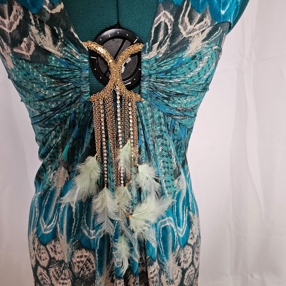 Sky Peacock Feather Print Bodycon Dress – Size M - Picture 2 of 8